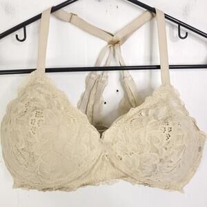 Aerie Bra Womens 36B Lace Bralette Padded Cups Strappy Crossed Back Cream